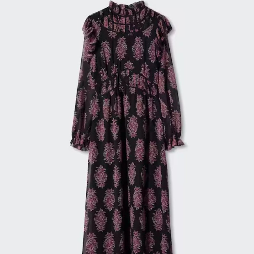 Baroque Paisley-Print Ruffle Midi Dress